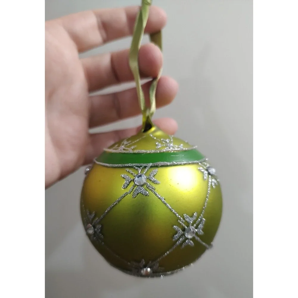 Vintage Green Mercury Glass Ball Christmas Ornament Glitter Rhinestone Design B8